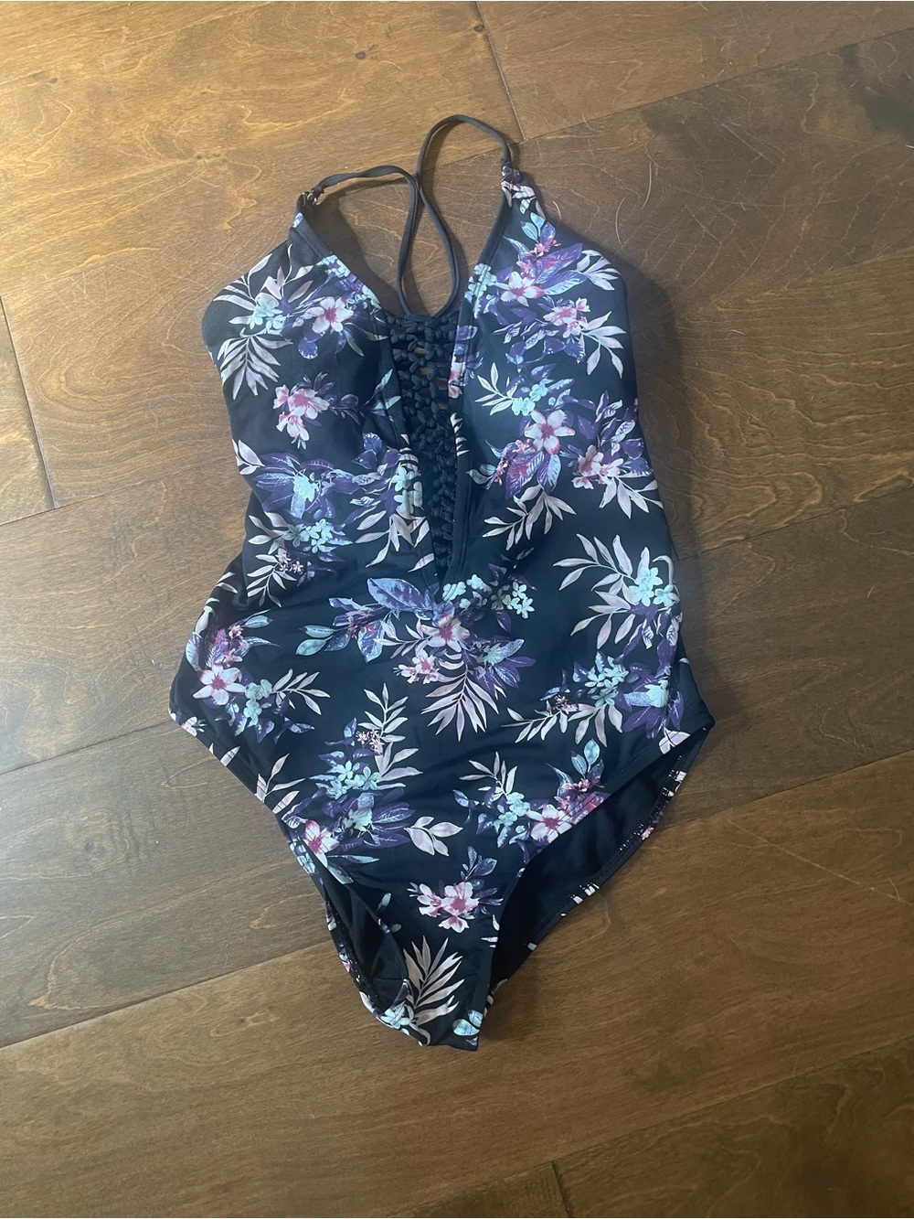 Floral One-Piece Swimsuit - Black with Purple & Teal Flowers